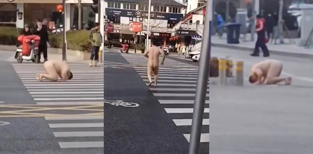 白胖裸男大街上全裸露出 在斑马线上向路人磕头 吓得车辆纷纷避让 这难道也是主人的任务？