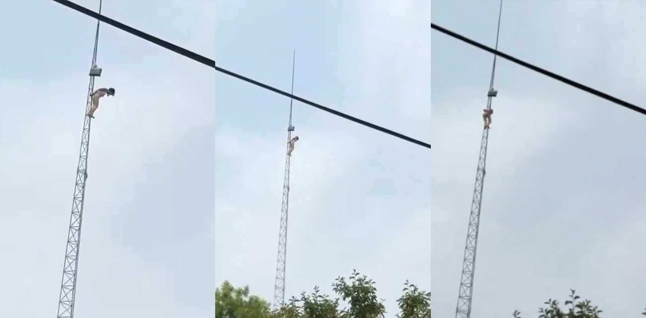 一裸女被反手捆绑在十几米的电线高塔上 难道这也是主人的任务吗？玩得真TM的大